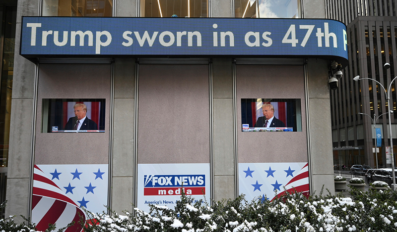 Fox New Media ticker on Avenue of the Americas announces Donald J. Trump being sworn in as the 47th President of the United States, New York, NY, January 20, 2025. (Photo by Anthony Behar/Sipa USA)(Sipa via AP Images)